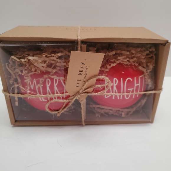 Rae Dunn Ceramic Christmas Ornaments MERRY, BRIGHT, NAUGHTY, NICE Red and White - Picture 4 of 4